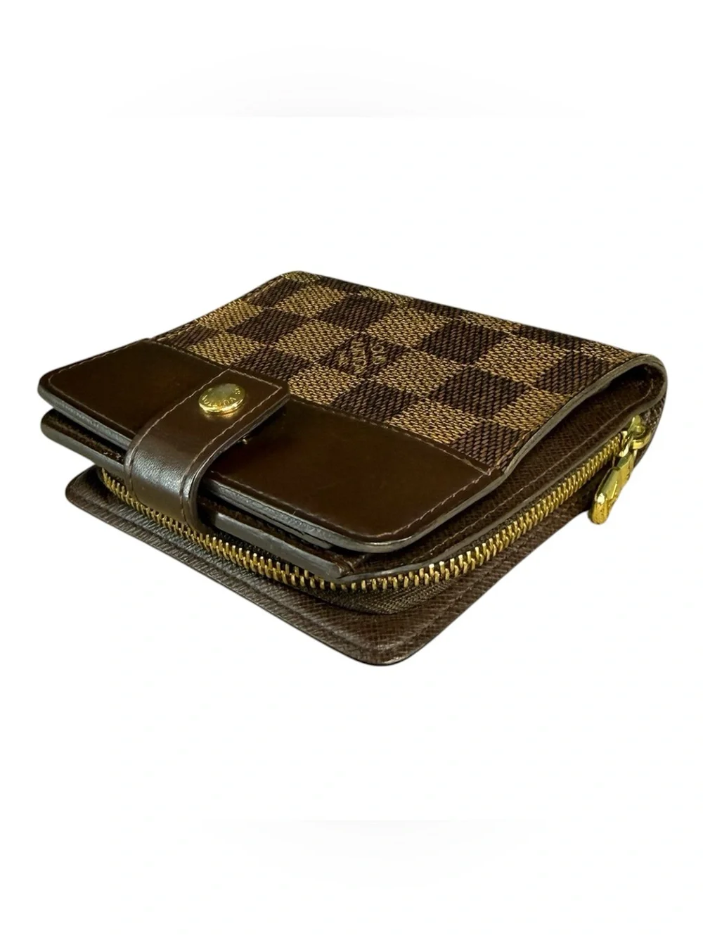 Louis Vuitton Damier Ebene Compact Wallet Brown Leather Snap Zipper Box Dust Bag